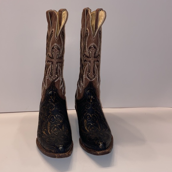 Women's Ferrini Western Hand Tooled Brown Leather Cross Wing Cowboy Boots Sz 7.5 - Picture 2 of 15